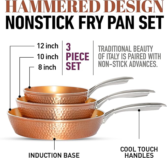Gotham Steel Hammered Frying Pan Set, 3 Piece Nonstick Copper Fry Pans, 8”, 10” & 12” Skillet, Omelet Pan, Cookware, PFOA Free, Dishwasher Safe, Cool Touch Handle