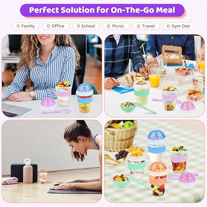 Yogurt Parfait Cups with Lids Reusable - 4 Pack 20 oz Overnight Oats Containers with Lids Folding Spoons Granola Topper, Cereal Salad Jars for Oatmeal Chia Pudding Meal Prep
