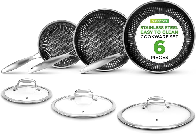 6-Piece Cookware Set Stainless Steel - Triply Kitchenware Pans Set Kitchen Cookware w/DAKIN Etching Non-Stick Coating - Small, Medium, & Large Stir Fry Pan with Lid - NutriChef NC3PFRY3
