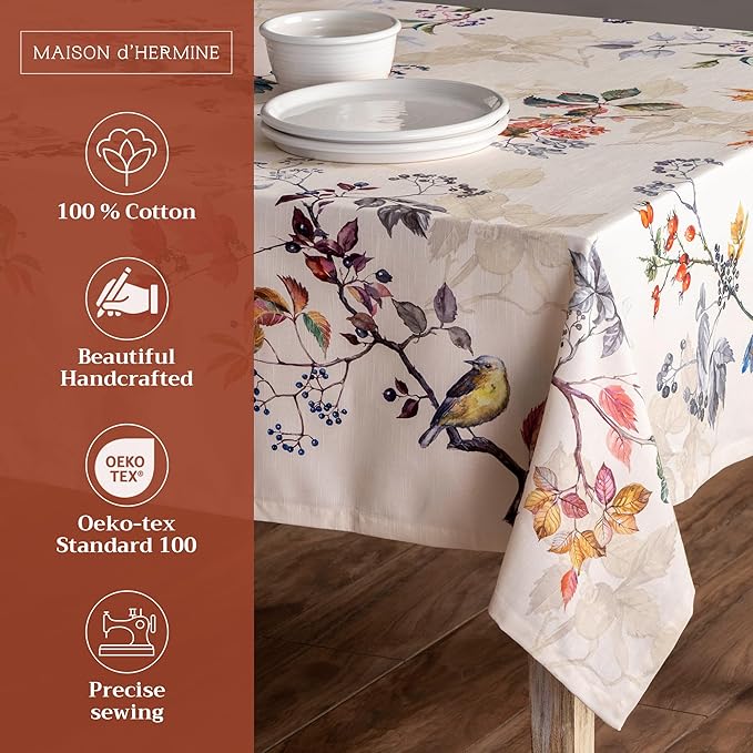Maison d' Hermine Table Cloth Rectangle Table 100% Cotton 60 x 120 Inches Fall Tablecloth Reusable Everyday Use for Thanksgiving Christmas Decorations Dining Farmhouse Party (Equinoxe - Beige)