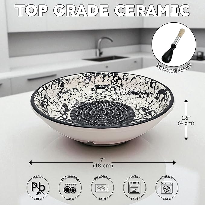 Ceramic Grater Bowl, Garlice Grater Plate, Handmade Ginger Grater, Mincer Bowl for Cheese &Vegetables, Ceramic Decorative Mincer, Hand Dish for Garlic (Black Sponge)