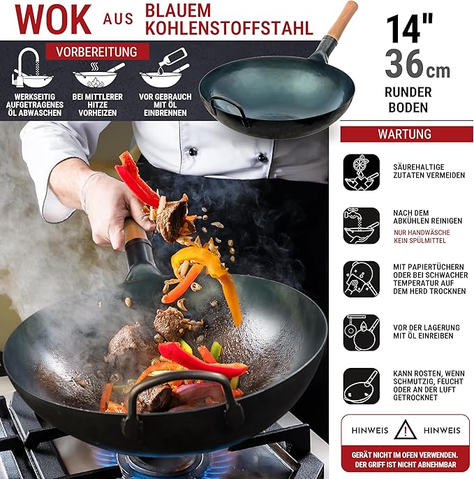 YOSUKATA Blue Round Bottom Wok Pan – 14" Stir Fry Pans Premium Wok Cover 14 inch - Wooden Lid