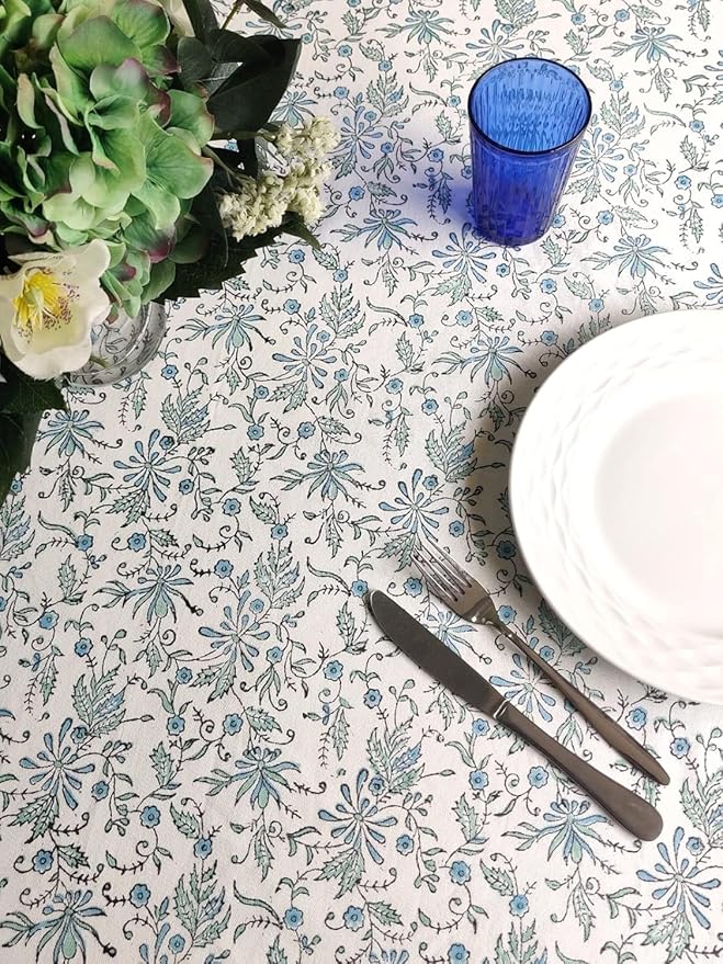 ATOSII Aster Blue 100% Cotton Fall Tablecloth, Handblock Floral Print Rectangle Linen for Kitchen Dining I Parties Weddings Christmas Thanksgiving Easter Outdoors I 72 X 108 Inches I 8 Seater Table