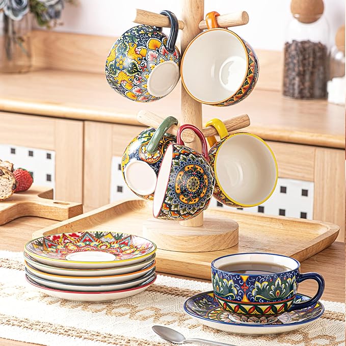 Henten Home 8.5 oz Cup with Saucers Set, Ceramic Coffee Mug Set of 6, Colorful Porcelain Cup for Latte, Tea, Cappuccino, Hot Cocoa, Espresso, Microwave & Dishwasher Safe