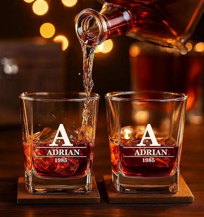 Personalized Engraved Whiskey Glass 10.25 oz – Etched Bourbon Glass with Heavy Base, Old Fashioned Cocktail Glass, Groomsmen & Father’s Day Gift design (Whiskey Design 4)