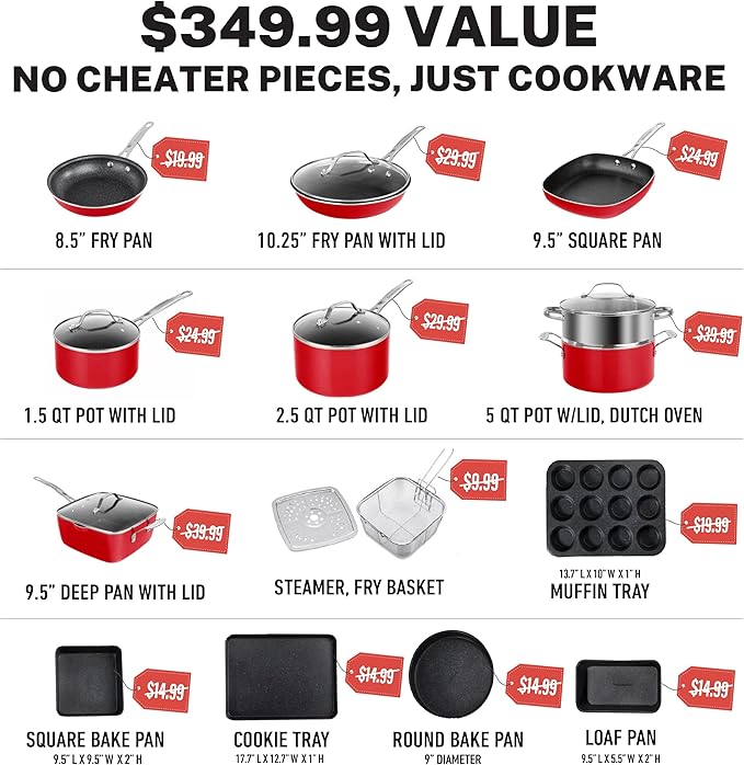 GRANITESTONE 20Pcs Pots and Pans Set Non Stick Cookware Set, Kitchen Cookware Sets with Deep Frying Pan, Bakeware Set & Steamer for Cooking, Non Toxic PFOA PFOS Free, Oven & Dishwasher Safe
