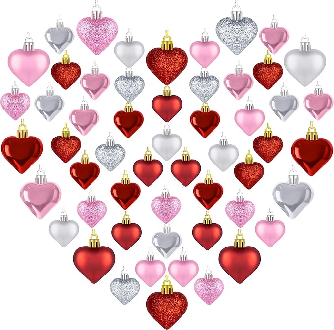 54pcs Valentines Day Heart Shaped Ornaments, Classic Red Pink Silver Hanging Baubles with 2 Sizes, Valentine's Day Decorations for Tree, Love Hanging Decor for Wedding Party