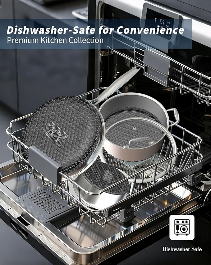FogDream Stainless Steel Cookware, Tri Ply Pots And Pans Set, Non Stick Frying Pans, Soup Pot & Sauce Pan With Tempered Glass Lids, Cool Handles, Dishwasher Safe, Induction Compatible, Silver
