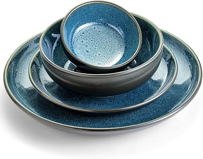 Sango 16-Piece Stoneware Dinnerware Set for 4, Glossy Black & Blue Plates and Bowls Sets with Reactive Glaze, Ceramic Dish Set, Modern Dishes for Everyday Dining, Microwave & Dishwasher Safe, Resona