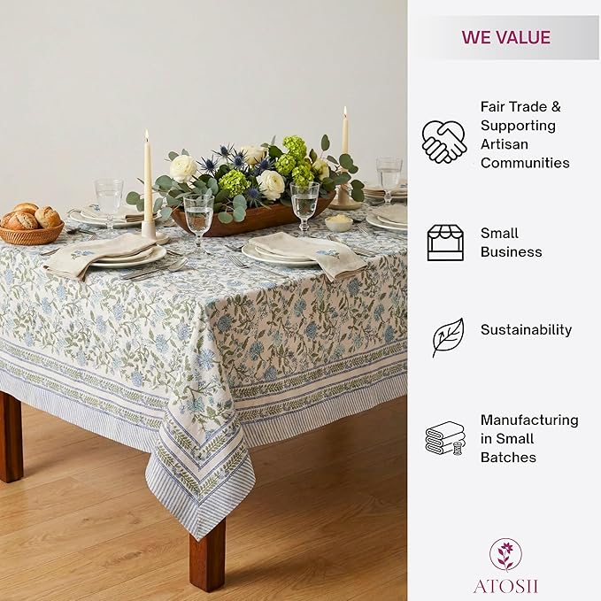 ATOSII Mahoka Blue 100% Cotton Rectangle Summer Tablecloth, Handblock Floral Linen Table Cloth for Kitchen Dining Table I Parties Weddings Outdoors Home Decor 72 X 120 Inches I 10 Seater