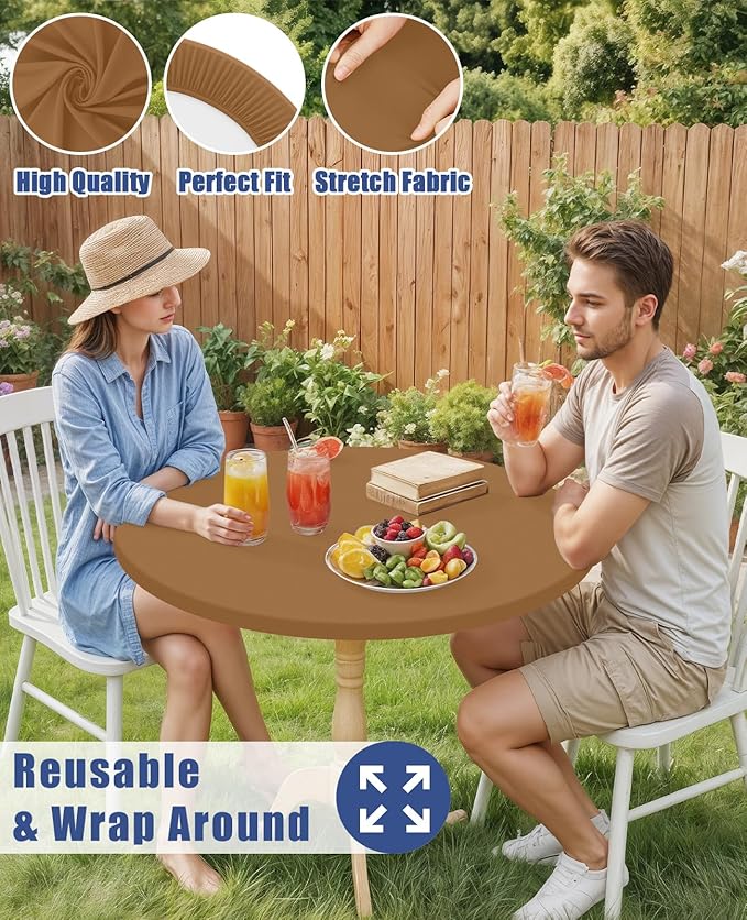 Round Spandex Tablecloth, Elastic Fitted Waterproof Tablecloths for 45"-56" Tables, Stretch Washable Picnic Table Cover for Camping, Dining, Indoor and Outdoor,Brown