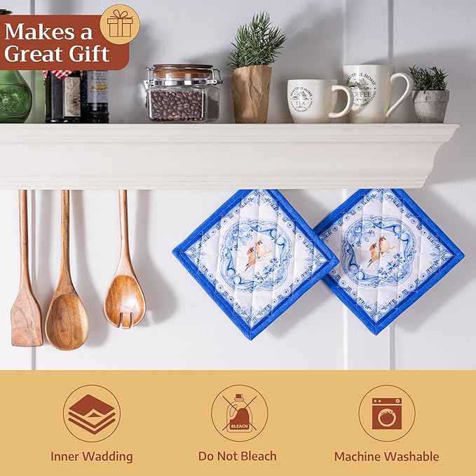 Maison d' Hermine Pot Holders 100% Cotton Heat Resistant Potholders 8" x 8" Hot Pads with Loop BBQ, Cooking, Baking, Grilling, Kitchen, Handling Hot Pans Spring/Summer (Pack of 1, Amsterdam Canals)
