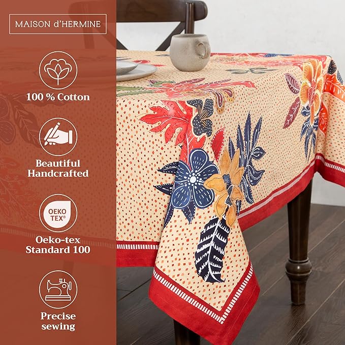 Maison d' Hermine Table Cloth Rectangle Table 100% Cotton 70 x 90 Inches Fall Tablecloth Reusable Everyday Use for Thanksgiving Christmas Decorations Dining Farmhouse Party (Kalahari)