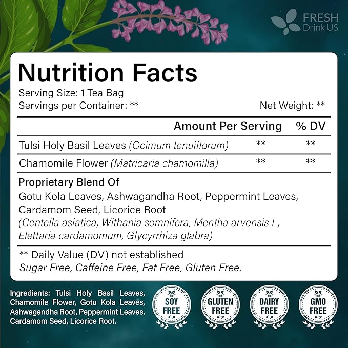 FreshDrinkUS, Tulsi Sleep Tea Bags | 135 Tea Bags | Herbal Blend with Tulsi Holy Basil, Chamomile, Gotu Kola, Ashwagandha & Peppermint | Naturally Caffeine-Free, Relaxing Evening Herbal Tea. Vegan