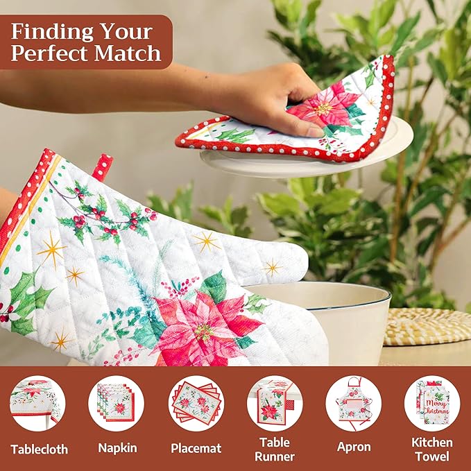 Maison d' Hermine 100% Cotton Oven Mitt & Pot Holder Set (7.5"x13" & 8"x8") Heat Resistant BBQ Cooking Gloves with Loop for Thanksgiving Christmas Decorations Handling Hot Pans (Poinsettia Christmas)