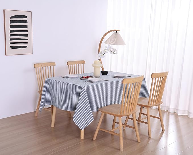 100% French Flax Linen Tablecloths Rectangle 108Lx60W Inch for Dinners, Parties, Easter, Halloween, Camping, Stone Washed, Textured, Machine Washable, 8-10 Sets (60''x108'', Blue Stripe)