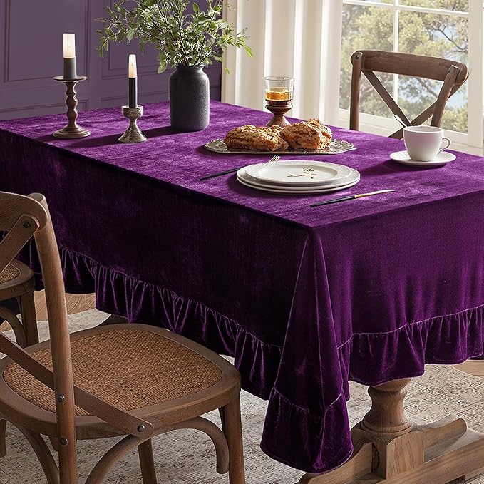 MIULEE Velvet Table Cloth with Decorative Ruffle Edge Luxurious Soft Washable Rectangular Tablecloth Thick Wrinkle-Resistant Oblong Table Cover for Kitchen Dining Party Wedding 60x120 Inch, Purple