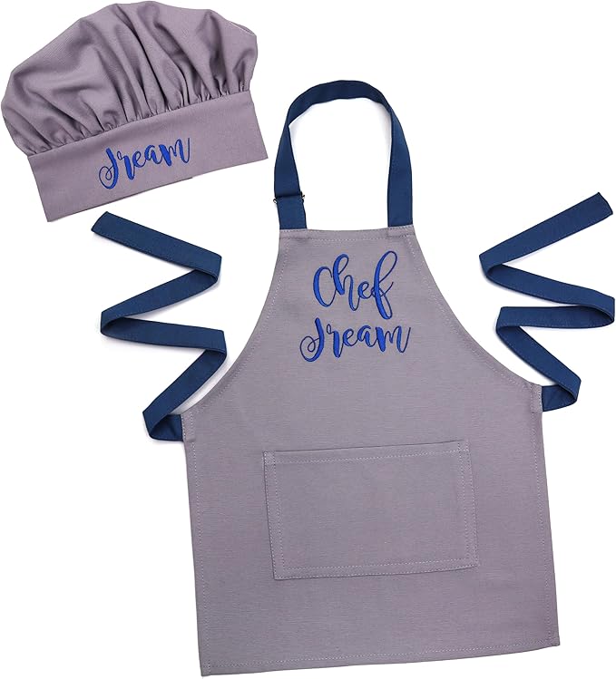 Personalized toddler apron for kitchen, custom cooking apron + chef hat set for kids, boy girl chef costume