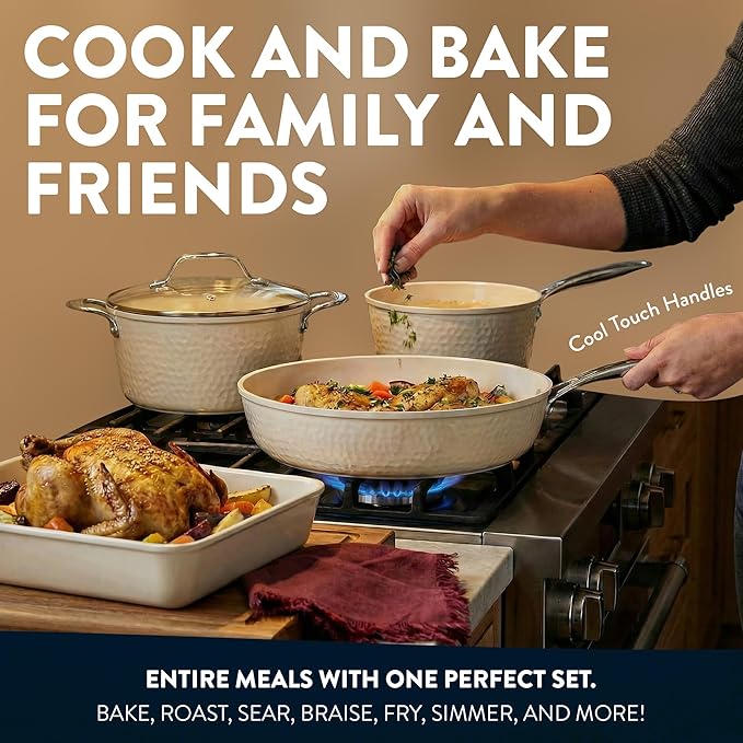 Gotham Steel Hammered 15 Pc Ceramic Cookware Set Nonstick, Pots and Pans Set Non Stick with Induction Cookware, Cooking Utensils & Steamer, Non Toxic PFOA PFOS Free, Oven & Dishwasher Safe