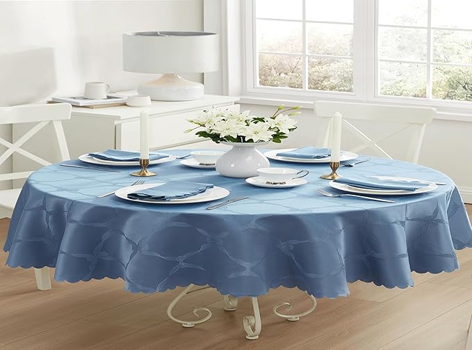 Newbridge Ribbons and Bows Damask Spring & Easter Holiday Fabric Tablecloth, Blue, 60 x 102 Inch Oval, Wrinkle & Stain Resistant Table Cover