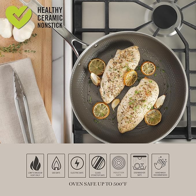 Martha Stewart Badgley Hybrid Nonstick 11 Inch TriPly Stainless Steel Large Fry Pan & Stay Cool Handle - Laser Etched Non-Toxic Perfect Sear Nonstick Skillet - Dishwasher and Induction Safe