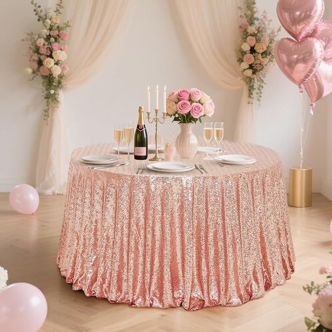 Eternal Beauty Rose Gold Tablecloth, 120 Inch Round Sequin Tablecloth for Valentines Party Cake Dessert Table Exhibition Events