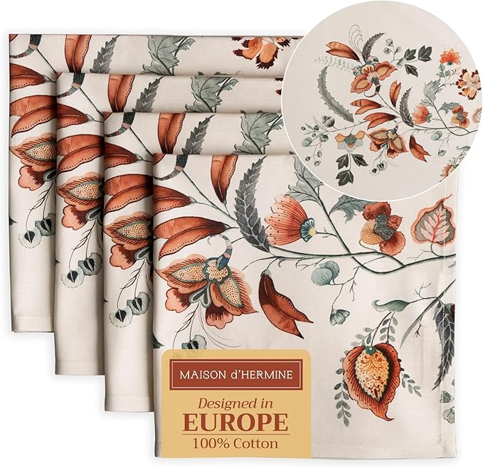 Maison d' Hermine Cloth Napkins Set of 4 100% Cotton for Thanksgiving Christmas Decorations Everyday Reusable Square Fall Napkins Cloth Washable Dinner Party (Dalida, 20"x20")