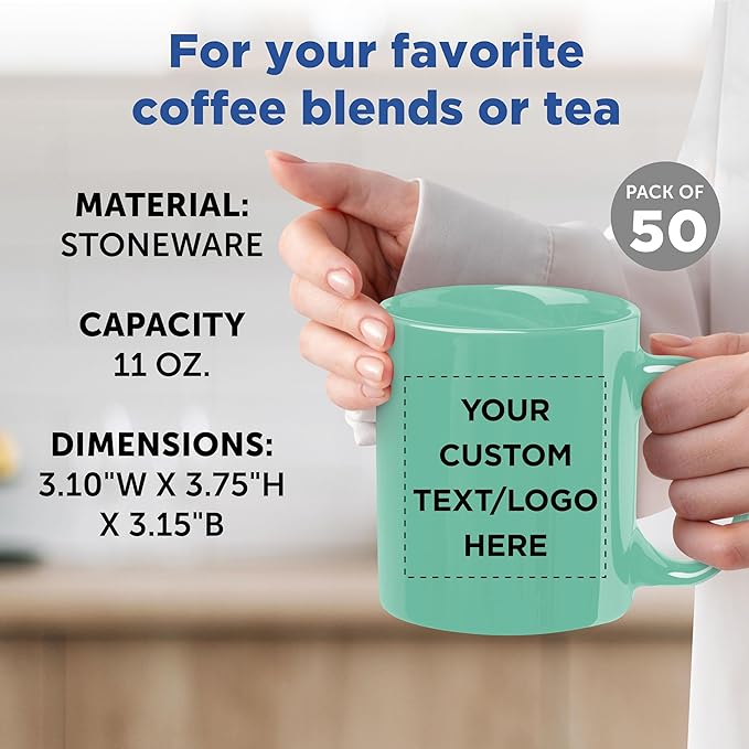 Custom Ceramic Coffee Mugs 11 oz. Set of 50, Personalized Bulk Pack - Coffee cup set, Iced coffee cup, Gaming mug - Teal