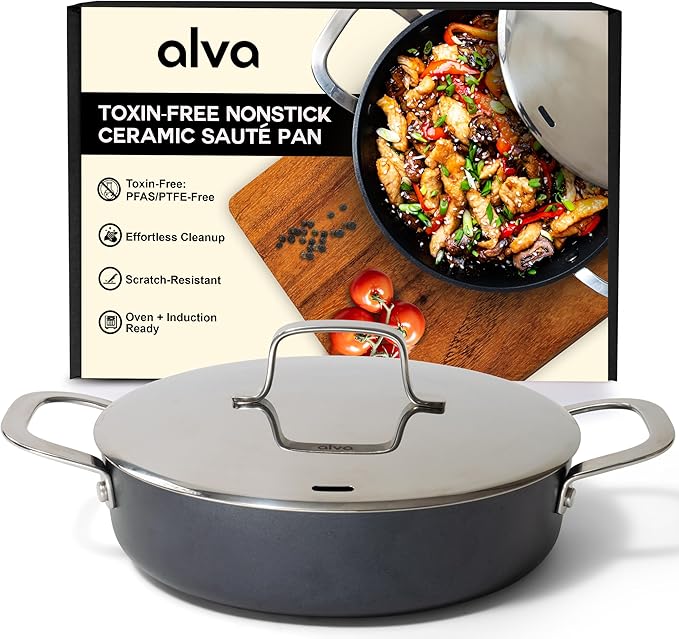 Alva Maestro Nonstick Ceramic Saute Pan with Lid 3.5Qt. - Oven Safe and Made without PFAS, PFOA & PTFE - Induction and All Stovetop Compatible with Even Heat Distribution