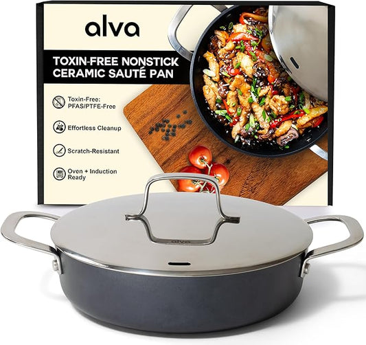 Alva Maestro Nonstick Ceramic Saute Pan with Lid 3.5Qt. - Oven Safe and Made without PFAS, PFOA & PTFE - Induction and All Stovetop Compatible with Even Heat Distribution