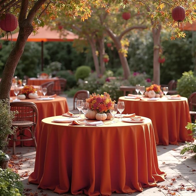 sancua Thanksgiving Round Tablecloth 120 Inch Diameter, 8 Pack Rust Circle Polyester Fabric Fall Table Cloth for Holiday Party Reception Washable Burnt Orange Table Cover (Fit 48-96 Inch Tables)
