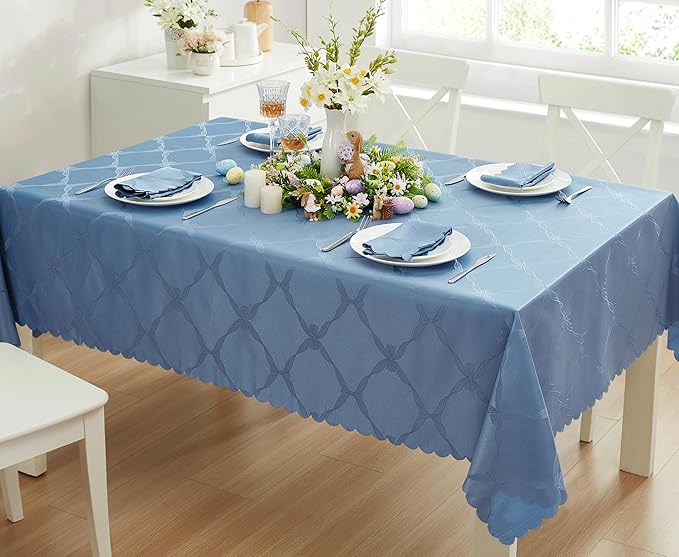 Newbridge Ribbons and Bows Damask Spring & Easter Holiday Fabric Tablecloth, Blue, 60 x 102 Inch Rectangle, Wrinkle & Stain Resistant Table Cover