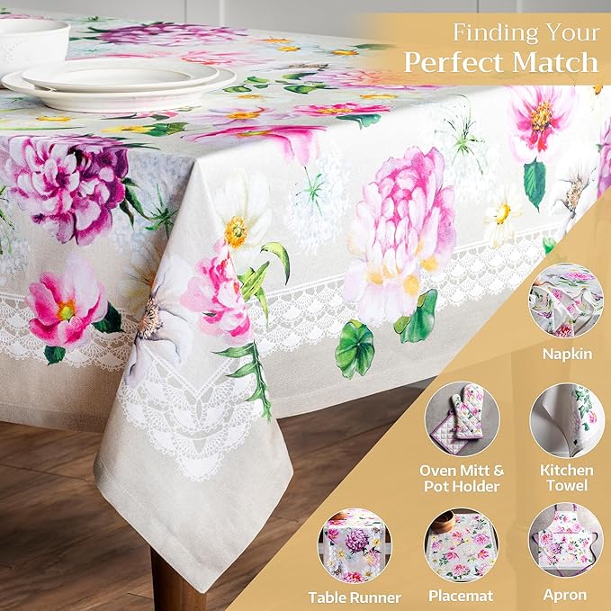 Maison d' Hermine Table Cloth Rectangle Table 100% Cotton 54 x 72 Inches Tablecloth Reusable Decorative for Dining Room Farmhouse Home Valentines Day Decorations Spring Summer - Pivoine