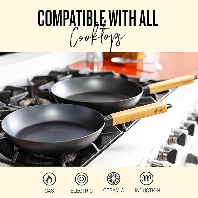 Alva Forest 11" Carbon Steel Frying Pan – Naturally Nonstick, Pre-Seasoned, with Acacia Wood Handle, Made Without PTFE, PFOA, PFAS – Sustainable Belgian Design, Induction & All-Stovetop Safe