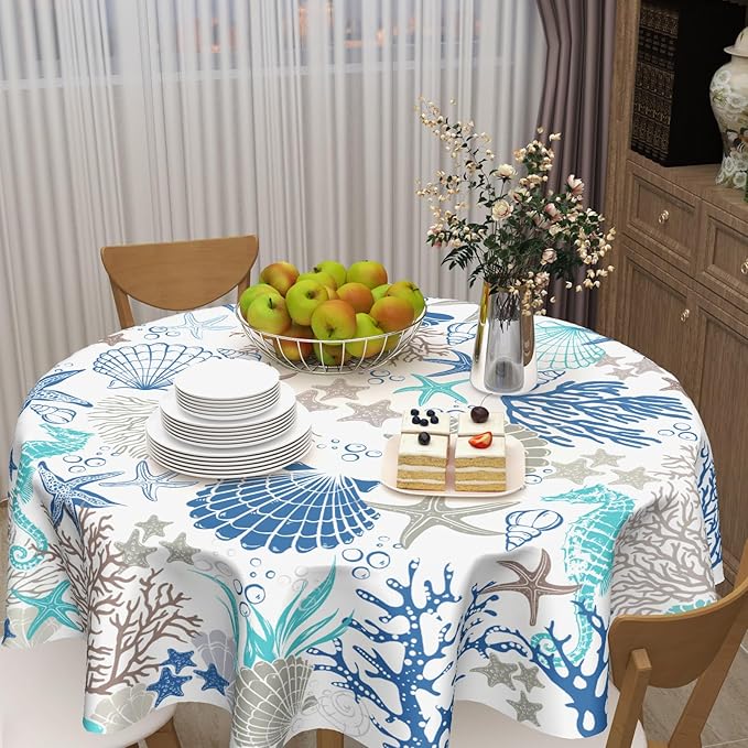 Nautical Coastal Round Tablecloth 70 Inch Summer Ocean Seashell Starfish Coral Sea Horse Table Cloth Rustic Farmhouse Beach Theme Table Cover for Kitchen Dinner Party Decor