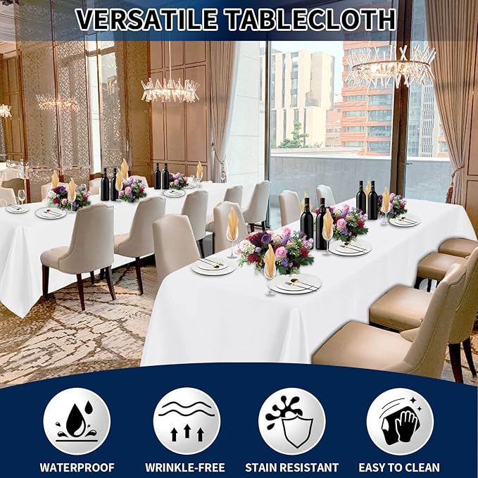 PureFit 10 Pack Rectangle White Table Cloths 90 x 132 Inch for 8Ft Tables, Stain and Wrinkle Resistant Table Linens for Home Use, Wedding, Party, Banquet and Camping