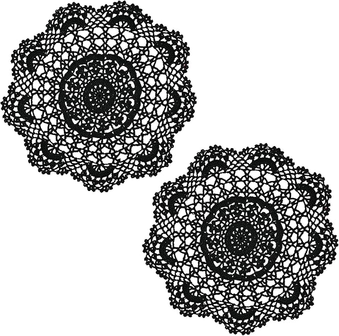 BIBITIME 2PCS Lace Table Doilies Kitchen Placemats Round Handmade Crochet Flower Cup Mug Mat Doily (13 inches to 14 inches,2PCS, Black)