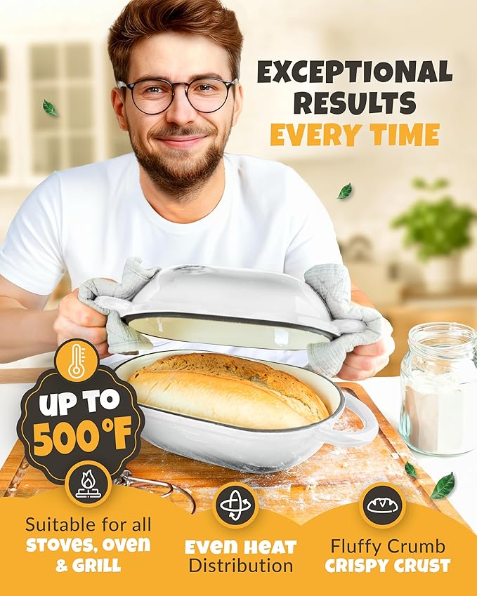 Loaf Pan for Bread Baking - incl. Sourdough Bread-Baking Supplies like Banneton Bread-Proofing Basket - 2QT Enameled Oval Cast Iron Dutch Oven, Bread-Oven, Sour Dough Bread-Banking-Pan Tools