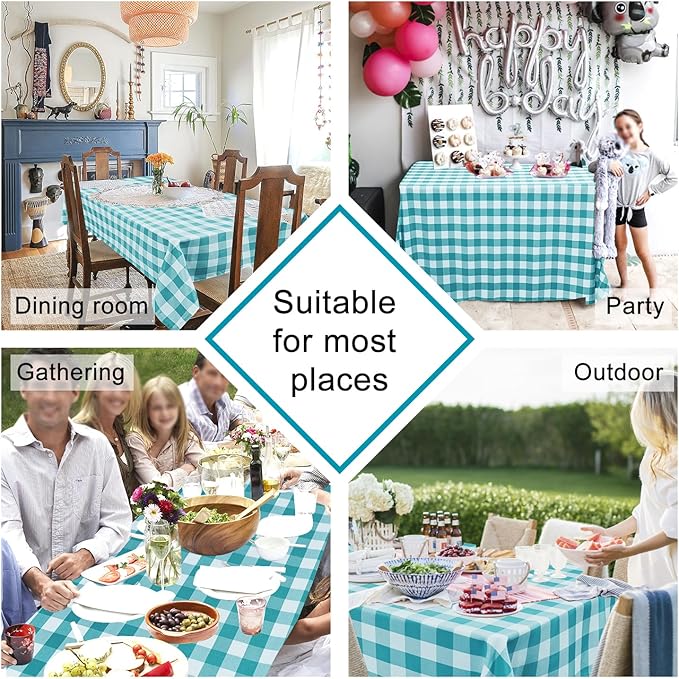 Hiasan 60 x 120 Inch Checkered Tablecloth Rectangle - Waterproof, Wrinkle Resistant and Washable Gingham Table Cloth for Outdoor Picnic, Kitchen and Holiday Dinner, Turquoise and White
