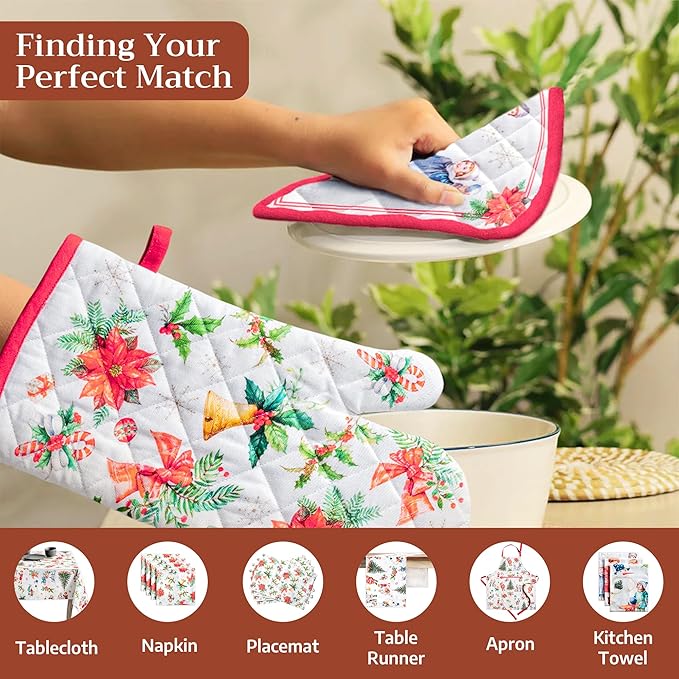 Maison d' Hermine 100% Cotton Oven Mitt & Pot Holder Set (7.5"x13" & 8"x8") Heat Resistant BBQ Cooking Gloves with Loop for Thanksgiving Christmas Decorations Handling Hot Pans (Chromo)