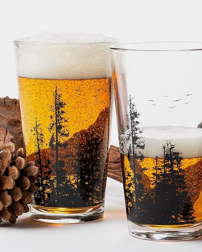 Black Lantern Pine Tree Forest Pint Glass Single 16oz Nature Beer Glass for Outdoor & Craft Brew Lovers