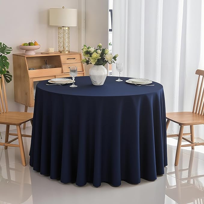 2-Pack Round 90-inch Navy Blue Table Cloths, Solid Stain and Wrinkle Resistant Circular Tablecloth, Premium Plain Weave Polyester Fabric Table Linen Covers for Hotel, Banquet