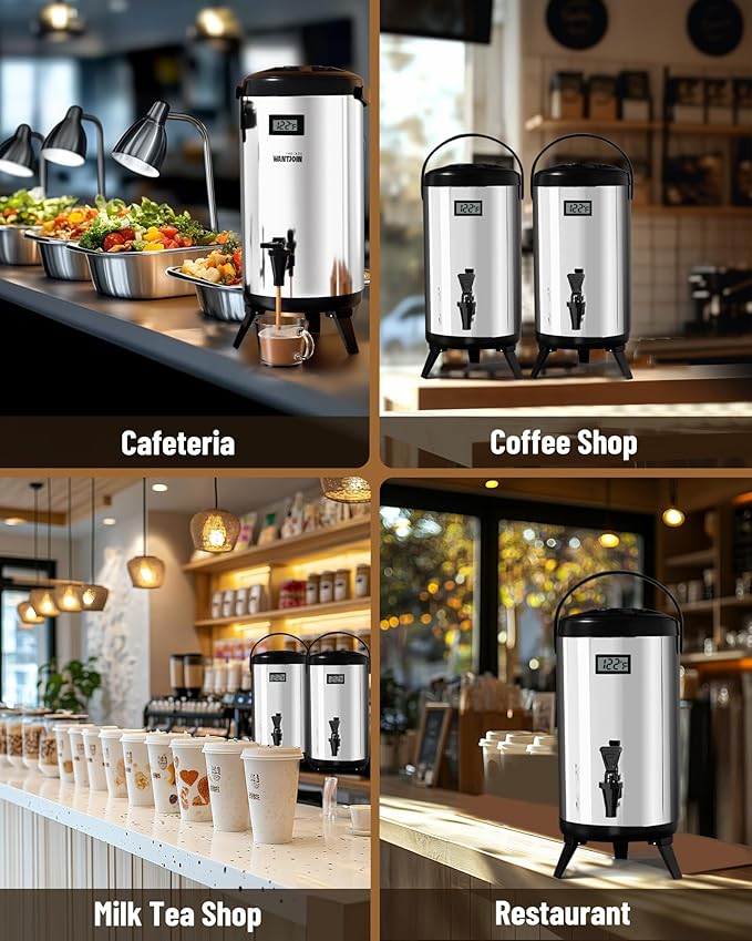 Insulated Beverage Dispenser - 8L/2.1Gal Silver Stainless Steel, Single, LCD Thermometer, Triple-Layer Insulated, Non-Electric Hot & Cold Drink Dispenser for Coffee, Tea