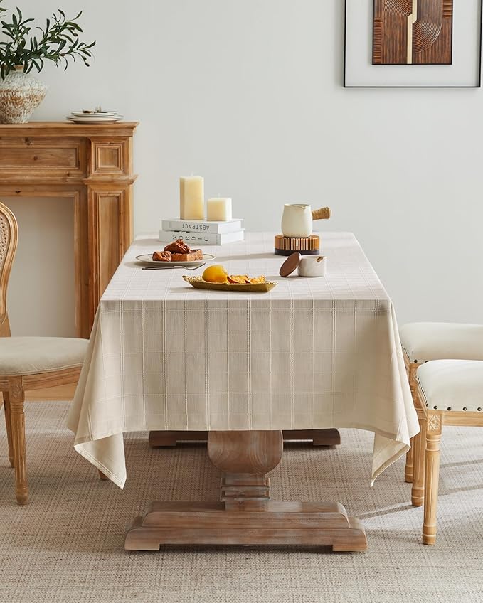 ZeeMart Linen Checked Table Cloth, Farmhouse Style Plaid Embroidered Neutral Tablecloth, Water Resistant Rectangle Table Cloth, Beige 52x70 Inches