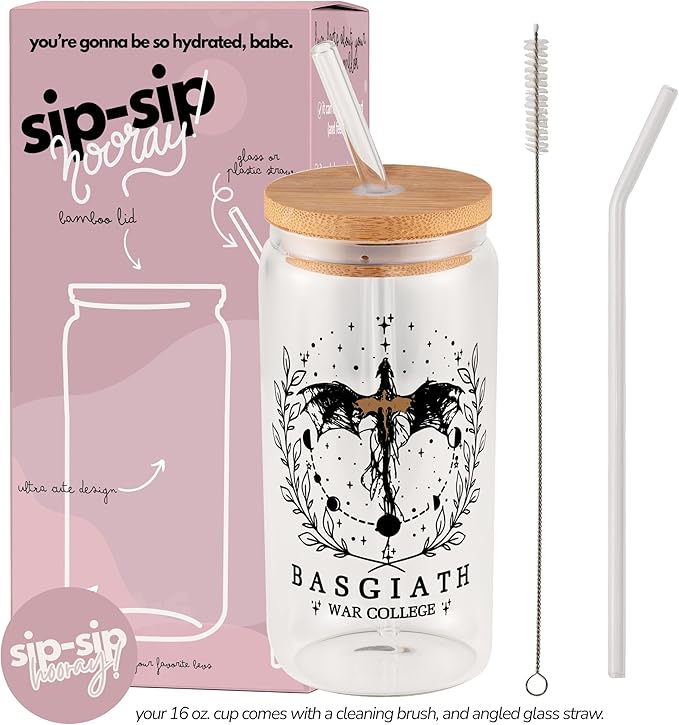 Sip Sip Hooray Fourth Wing Glass Cup with Lid and Straw, 16oz Bookish Iced Coffee Tumbler, Fantasy Dragon Romantasy Gift, Glass Cup for Readers, Booktok Merch, Aesthetic Coffee Cup