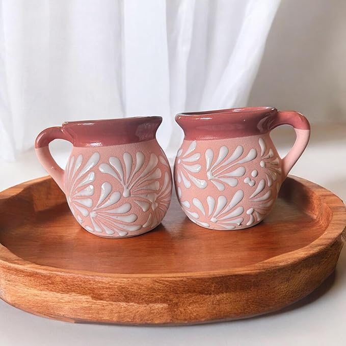 Set of 2 Mexican Pottery Mugs – Pink Terracotta Talavera Style Design, 12 oz Clay Tazas, Handmade Large Coffee Cups