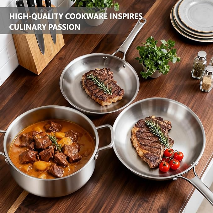 VINGLI 10 Pcs Cookware Set, Stainless Steel Pots and Pans Set with Lids, Non-Toxic Saute Sauce Pot, Soup Pot, Frying Pan, PFOA & PTFE Free, Compatible for All Cooktops(10 Cookware Set)