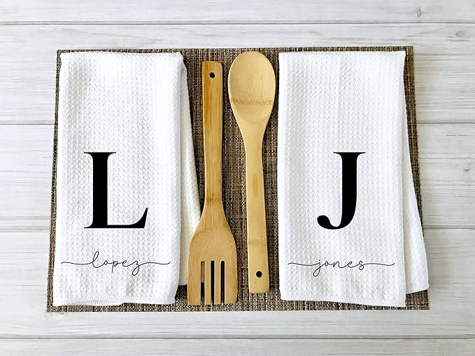 Custom Name Kitchen Towel | Personalized Tea Towel | Family Monogram Dish Towel | Farmhouse Decor | Hand Towel | Microfiber Dishcloth Gift (2 Towels + 2 Utensils)