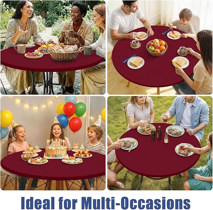 Round Spandex Tablecloth, Elastic Fitted Waterproof Tablecloths for 45"-56" Tables, Stretch Washable Picnic Table Cover for Camping, Dining, Indoor and Outdoor, Wine Red