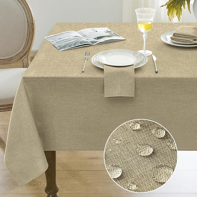 Softalker Large Rectangular Table Cloths 60x104 inch Khaki Faux Linen Tablecloth Outdoor Waterproof Stain and Wrinkle Resistant Table Cover for 6/8 Foot Rectangle Dining Tables for Party Graduation